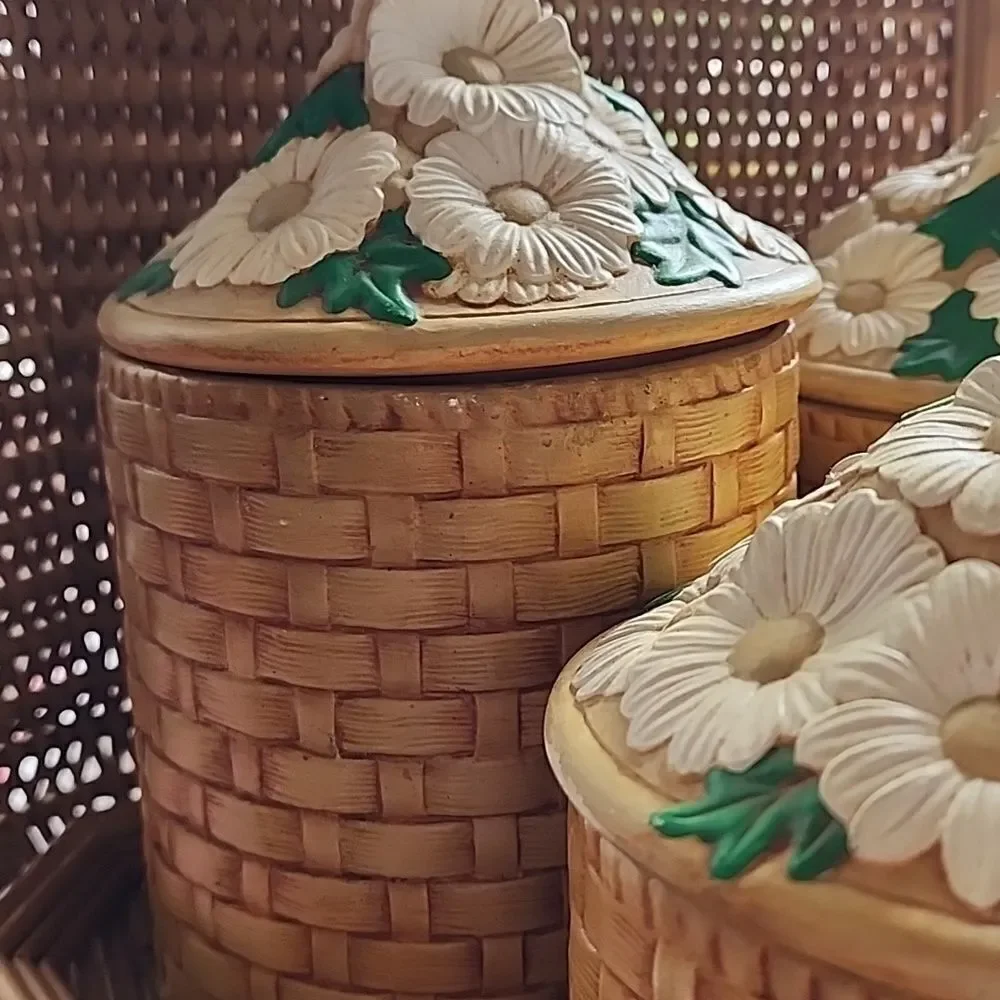 Vintage 70's Set Of 4 Daisy & Basket Weave Ceramic Canisters
